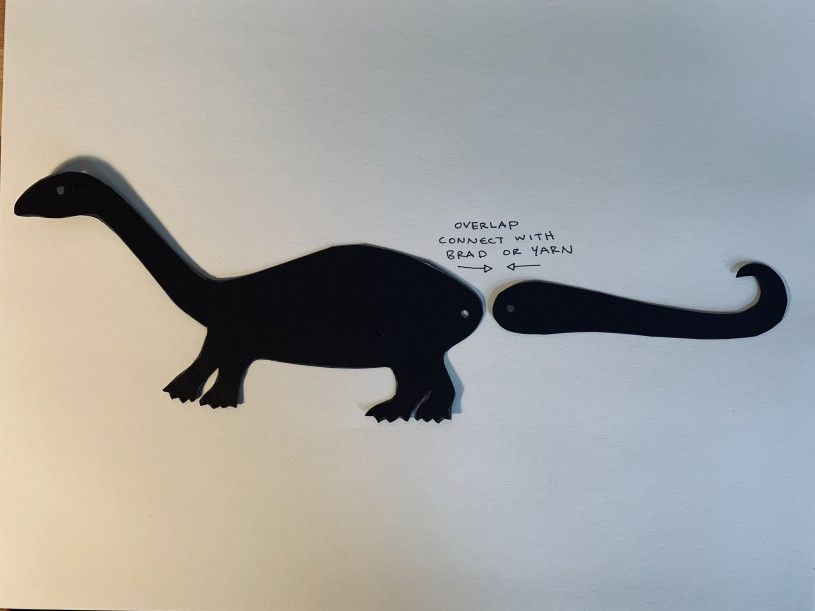 Dinosaur Puppet how-to showing how moving parts overlap and connect with brad or yarn